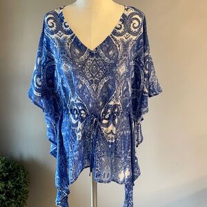 NWOT JENNIFER LOPEZ floral BOHO semi sheer BAT WING SLEEVE TOP / Cover up size S